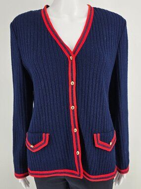Vintage 1970s Butte Knit Women's Navy/Red Rib-Knit V-Neck Cardigan Sweater (L)